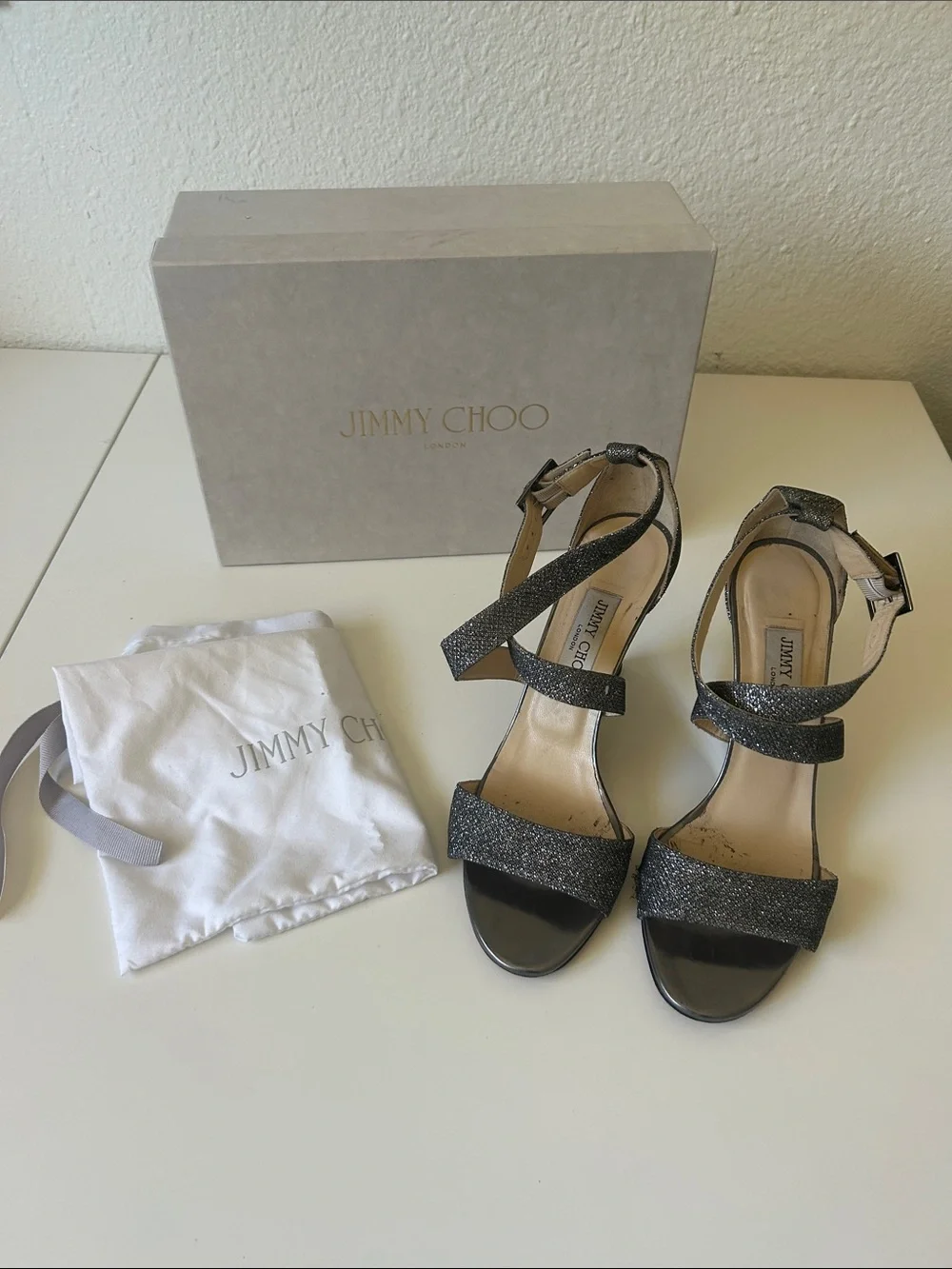 Jimmy Choo Black Glitter Strappy Ankle Sandals